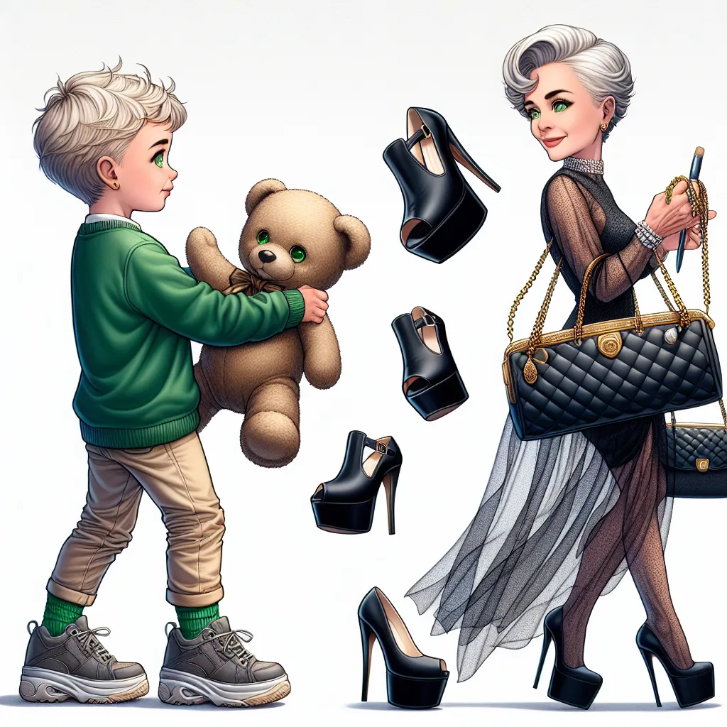 The image description for this story could be: A digital illustration depicting a young boy named Ethan transforming into a confident and stylish elderly woman named Judy. The image shows Ethan clutching his stuffed bear as he discovers a pair of elegant, black platform sandals and an opulent purse with luxurious items inside. As he tries to remove the items, his appearance gradually changes to that of Judy, including her short silver hair, green eyes, and fashionable outfit. The image captures 