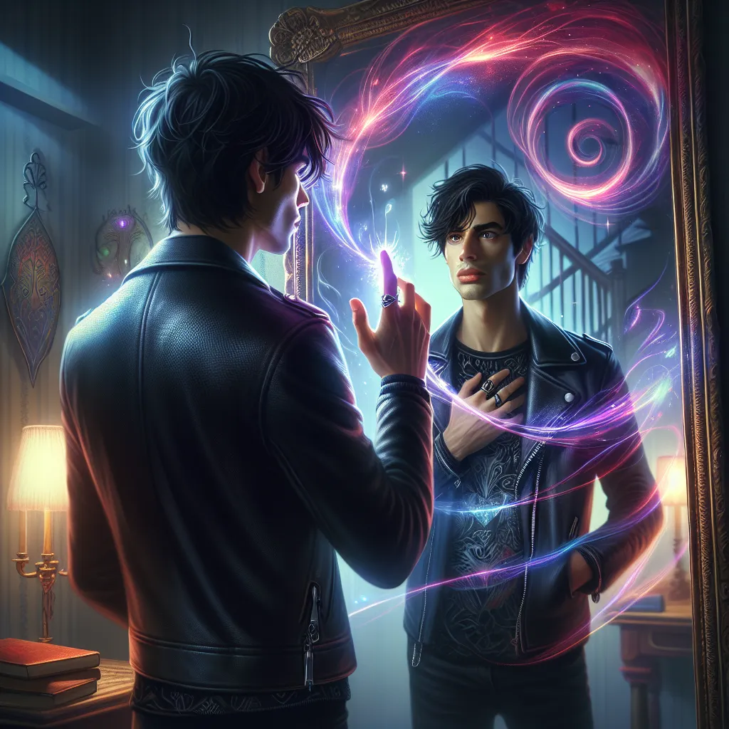 In the image, a young man with dark, tousled hair stands in front of a full-length mirror in a dimly lit room. He gazes at his reflection, his face a mixture of curiosity and determination. He wears a black leather jacket over a graphic tee, and his hand is raised with a glowing, intricate spell forming around it. Vibrant colors dance in the air, shaping symbols of power and protection. The room is adorned with mystical trinkets and artifacts. The air shimmers with possibilities, capturing the m