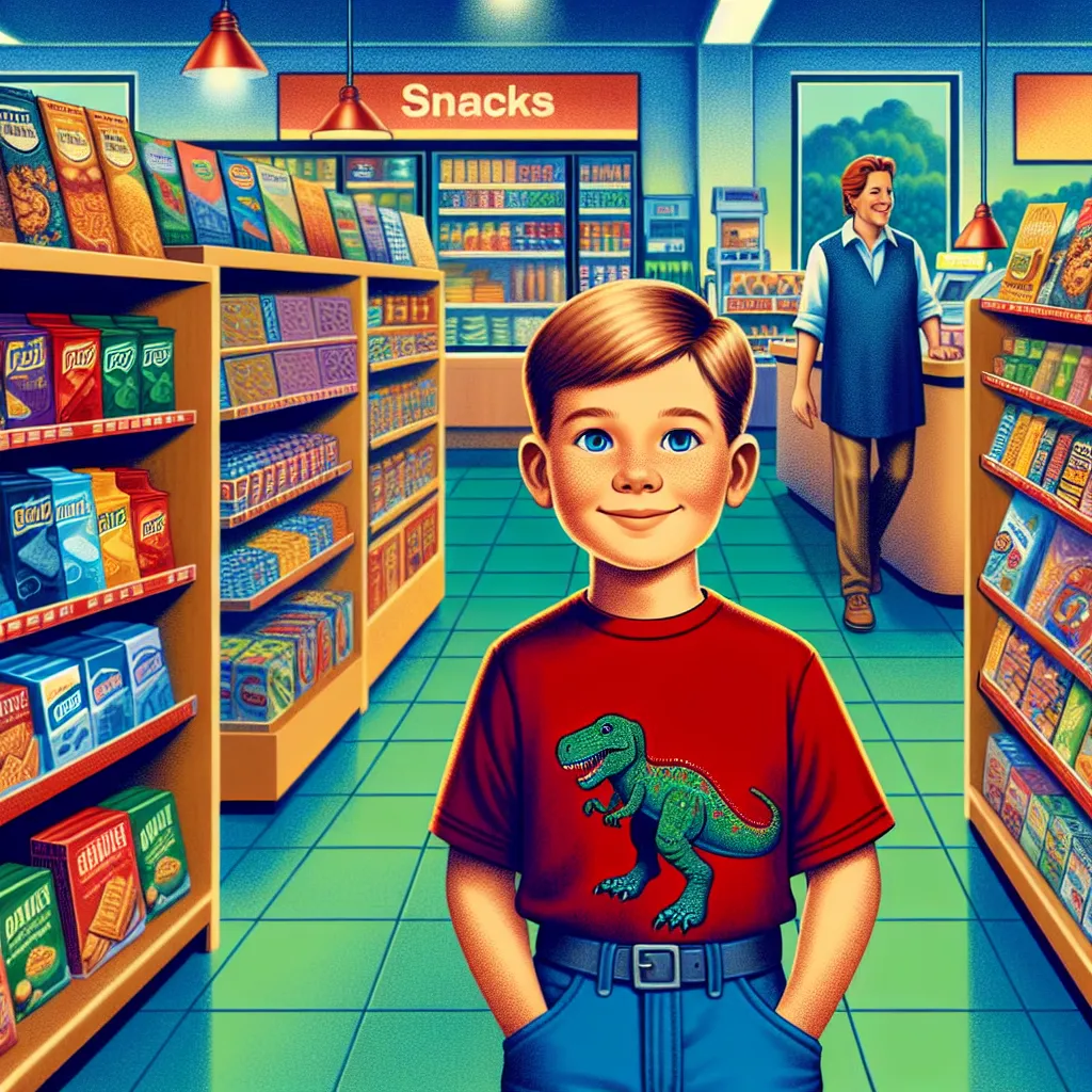 A portrait featuring Henry, a nine-year-old boy with short light brown hair and blue eyes, wearing a red t-shirt with a dinosaur print, jeans, and blue light-up sneakers. Beside him is Jennifer, his 44-year-old mother with auburn hair, hazel eyes, and a navy blue tank top. Both are in a bright convenience store, surrounded by aisles of colorful products. Jennifer is searching for items while Henry eagerly looks at snacks.