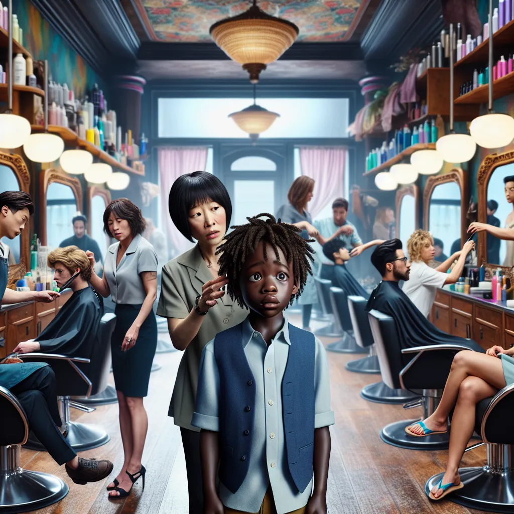 This long and detailed narrative tells the story of a young boy named Elijah who mysteriously switches bodies with a Korean woman named Sun. As they navigate each other's lives, Elijah grapples with confusion and a yearning to return to his own body. The image should capture Elijah's bewilderment and discomfort as he adapts to his new identity, embodying Sun's appearance and working at a salon with the Korean staff. The setting should reflect the bustling salon environment and the mix of culture