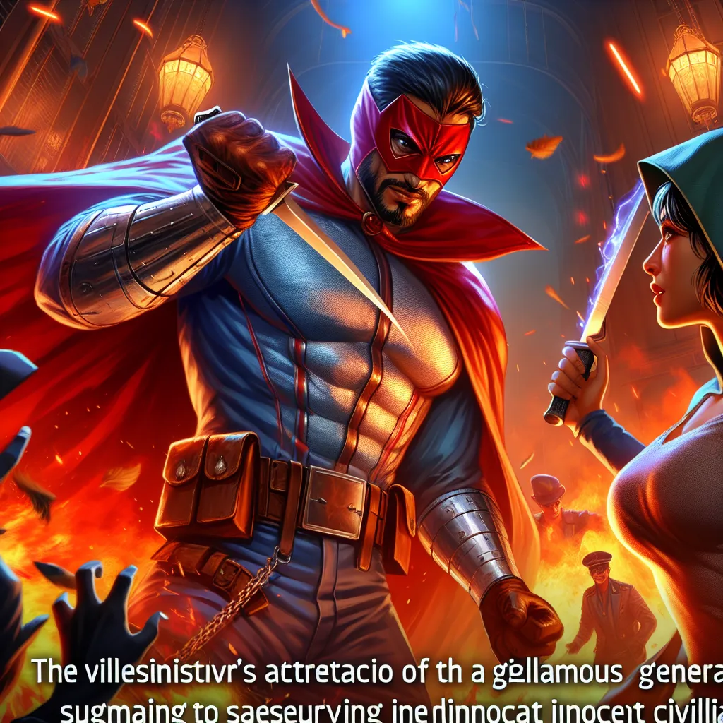 An intense and action-packed scene featuring Jake "Red Tiger" Thompson, a vigilante superhero, battling against General Kuro's henchmen to protect innocent people. In the midst of the chaos, he catches the attention of Black Cat, a mysterious and alluring vigilante, leading to a fierce partnership and a burgeoning romance.