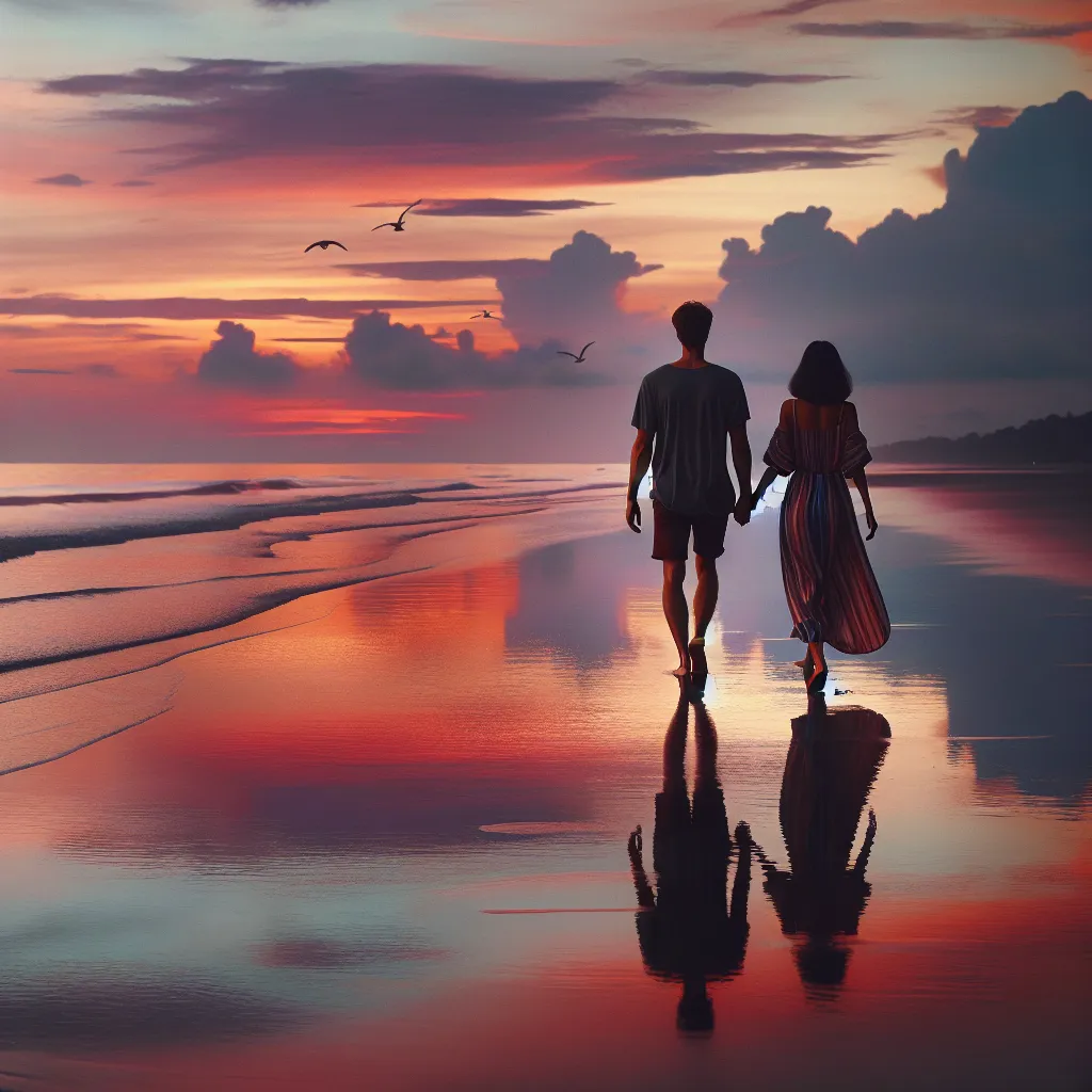 No worries, I can handle that. The image will feature a serene beach at sunset, with vibrant colors reflecting in the calm waters. A couple is seen walking hand in hand along the shoreline, leaving footprints in the wet sand. The sky is adorned with a few fluffy clouds, and seagulls fly overhead, completing the tranquil scene.