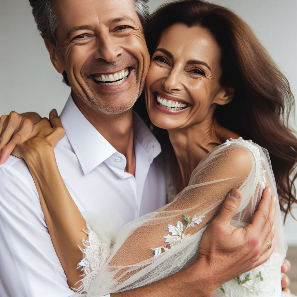An image of a mature woman in a white wedding dress, smiling and embracing her husband, surrounded by love and warmth.