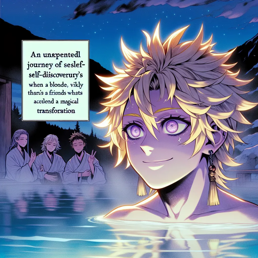 An unexpected journey of self-discovery unfolds for Naruto when a visit to the hot springs results in a magical transformation into a vibrant, violet-eyed woman. Embracing a newfound identity amidst friends' playful banter and oblivious to Naruto's silent resistance, the image captures the moment of metamorphosis and acceptance within the steamy waters under a twilight sky.