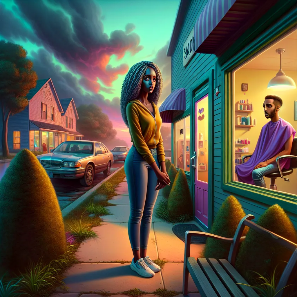 A boy named Oliver sits in a salon chair for a haircut, accompanied by his mother and grandma. As he falls asleep, he experiences a strange supernatural event, finding himself in the body of a Somali woman named Maryan outside the salon, unable to return to his own body. The story unfolds in a suburban town with vivid descriptions of characters and their surroundings.