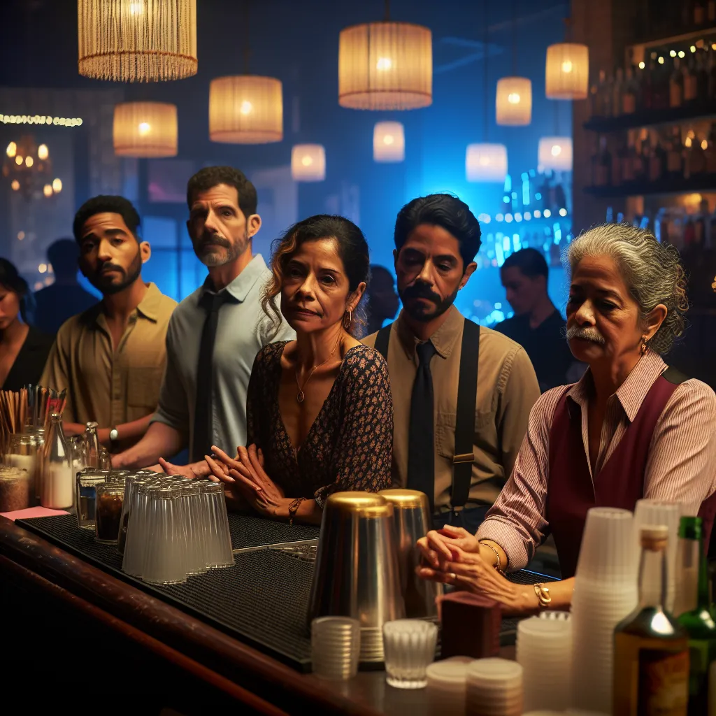 A woman stands behind a bustling nightclub bar, surrounded by staff preparing for a night of music and lights. Memories of a vanished friend linger as she grapples with the weight of loss and carries on, finding solace and support from her dedicated team. The scene captures a blend of sorrow, resilience, and determination as she navigates through the evening with a mix of grief and unwavering hope.