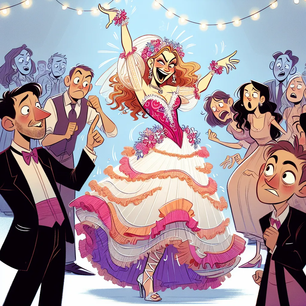 An image of a wedding reception with a possessed bride causing hilarity and chaos. The bride, possessed by the narrator's best friend, is wearing a flamboyant dress and has a mischievous smirk. They are twerking on the dance floor and the guests are shown looking bewildered and entertained.