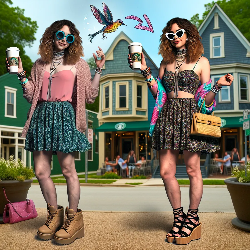 A magical transformation changes little Toby into the stylish, confident Melanie, complete with chic outfit, accessories, and vibrant personality. Sandals, a Starbucks coffee, and a newfound confidence mark her as Melanie, ready for a day of Instagrammable moments and fashionable fun in Maplewood.