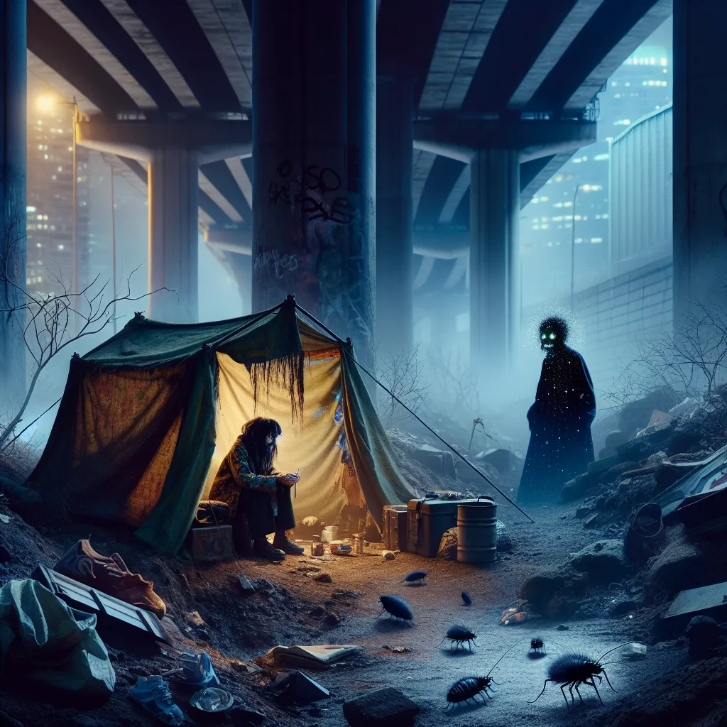 A pale, distressed teenage girl with tangled black hair and torn, oversized clothes huddles inside a threadbare tent beneath a dim, gritty urban overpass at night. Her eyes are haunted, her scalp crawling with lice visible in close-up. Around her, scattered roaches scuttle on the dirt and trash-strewn ground, while cold moonlight filters through the gloom. In the shadows nearby, a small, eerie creature with glittering eyes (Kyubey) watches silently, embodying menace and dark magic. The scene rad