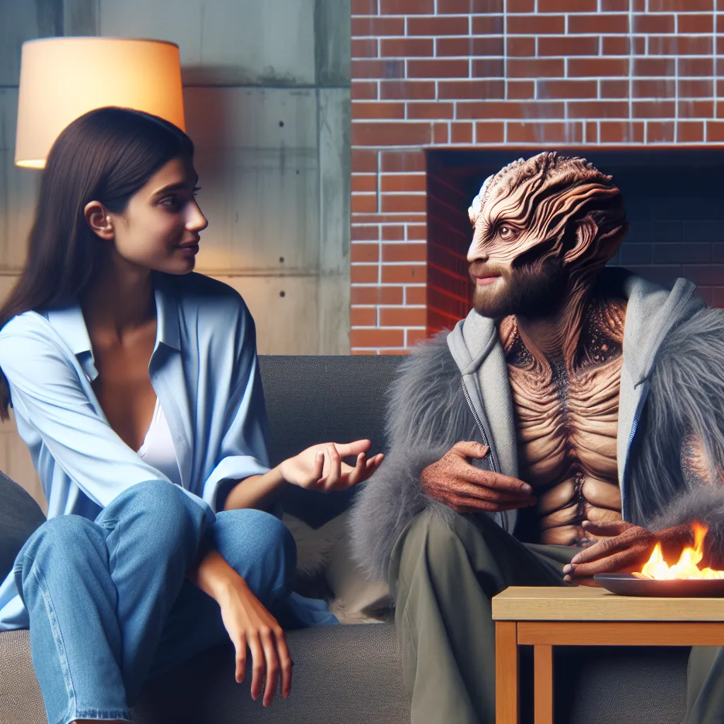 An image of two friends, one in their original body and the other in a new body, sitting together by a fireplace, having a deep conversation and contemplating a romantic relationship.