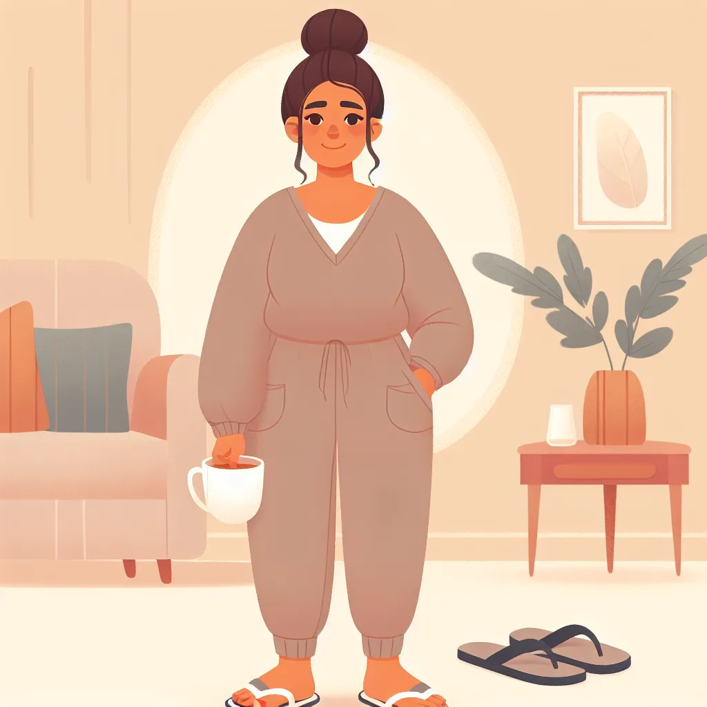 An image depicting a middle-aged Hispanic woman named Maria, wearing a tank top, shorts, and flip flops, standing confidently with a cup of tea in hand. She has a neat bun hairstyle and is surrounded by a warm, comfortable environment.