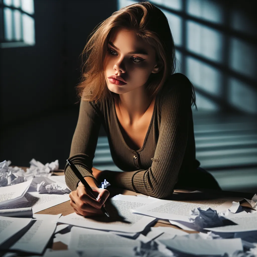 An image of a young woman sitting at a desk, surrounded by scattered papers and a pen in hand. She is deep in thought, her eyes fixed on the distance, lost in introspection and contemplation. The room is dimly lit, with a soft glow casting long shadows. The image evokes a sense of intensity and reflection as she sets out to transcribe the labyrinthine meanderings of her fractured mind.