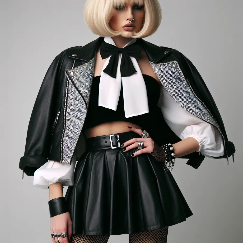 An image depicting a person with a striking resemblance to the musician Sia, with blonde hair styled in Sia's iconic two-tone bob cut. The person is wearing a cropped black leather jacket, a high-waisted black skirt, a white blouse with a wide bow tie, black fishnet stockings, and high-heeled black boots. They are also wearing black sunglasses, a chunky silver ring on their right hand, a delicate bracelet on their left wrist, and large gold earrings. The image captures the essence of Sia's enigm