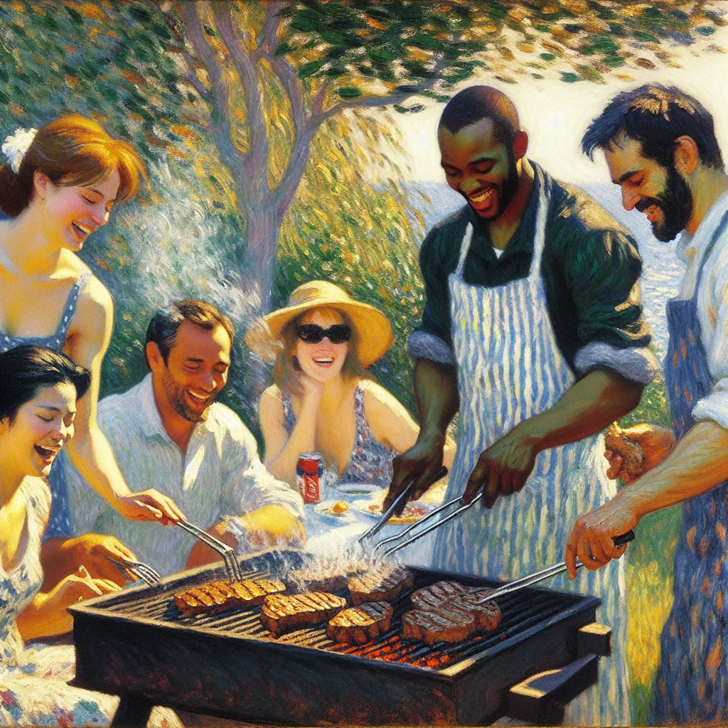 Barbecue, Friends, Transformation, Humor, Acceptance in the style of Monet