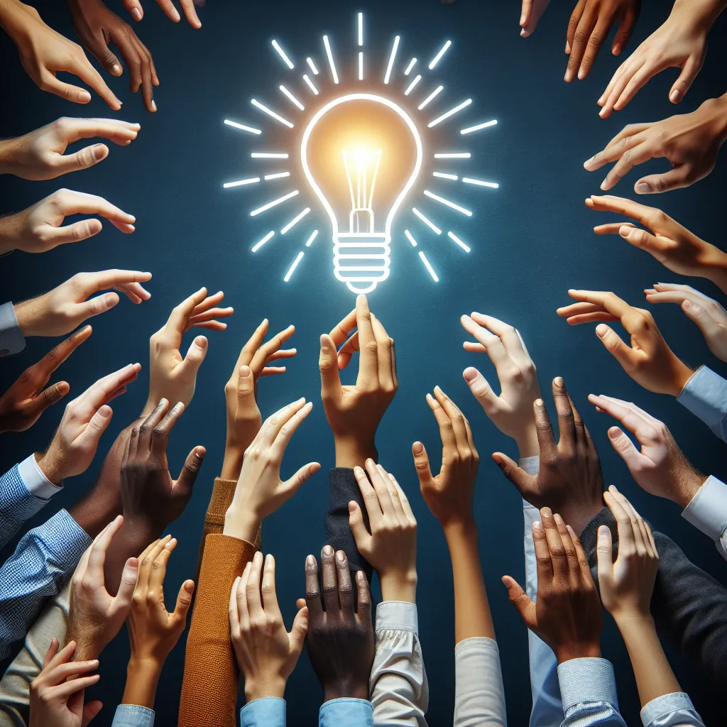 Multiple diverse hands reaching towards a bright light bulb hanging from above, symbolizing collaboration and creative problem-solving.