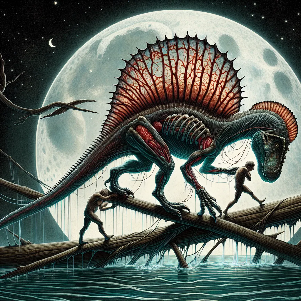 An illustration of a transformed Hugo Klein as a scientifically accurate Spinosaurus, with distinctive neural spines and a sail of blood-rich skin, struggling to navigate a human world with the help of friends Nina and Cass. The image captures the tension between Hugo's primal instincts and his desire to return to his human self, set against a backdrop of shadows and moonlight on a riverbank.