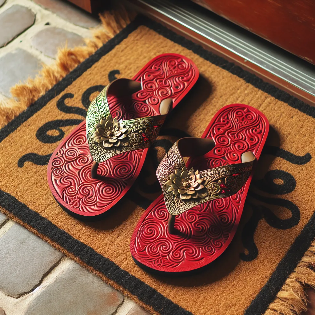 An image of a pair of vibrant red flip flops with intricate golden designs etched around the straps lying on a doormat.