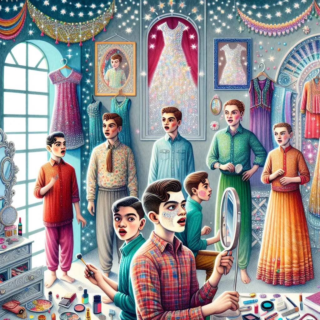 A group of 10-year-old boys transforms into their moms, embodying their appearance and characteristics as they lose their memories and become entirely new individuals, captured in an image showcasing their surprise and confusion in a bedroom filled with shimmering clothing and accessories.