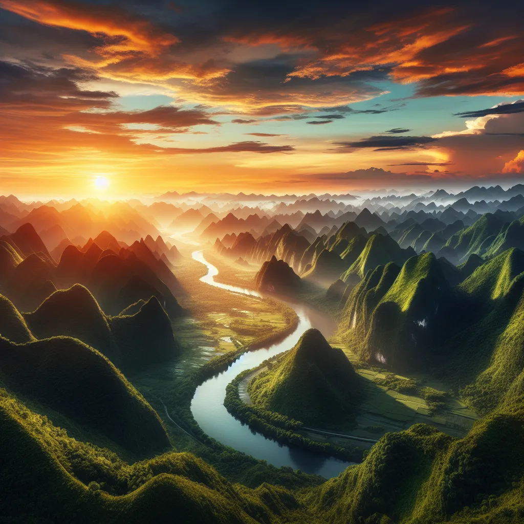 A stunning landscape depicting lush green mountains, a serene river flowing through a valley, and a vibrant sunset in the background.