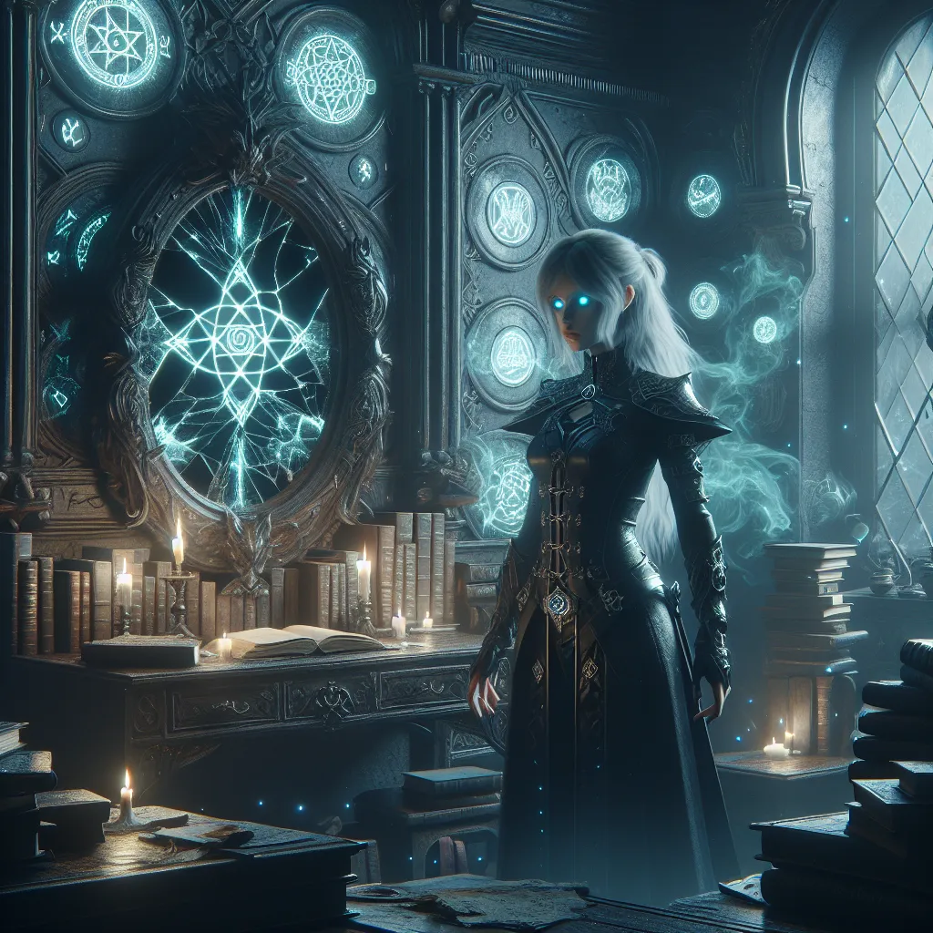 A fantasy scene depicting Magik in a dark, enchanting classroom, facing a shattered mirror with her ominous reflection staring back at her, surrounded by swirling shadows and uncertainty.