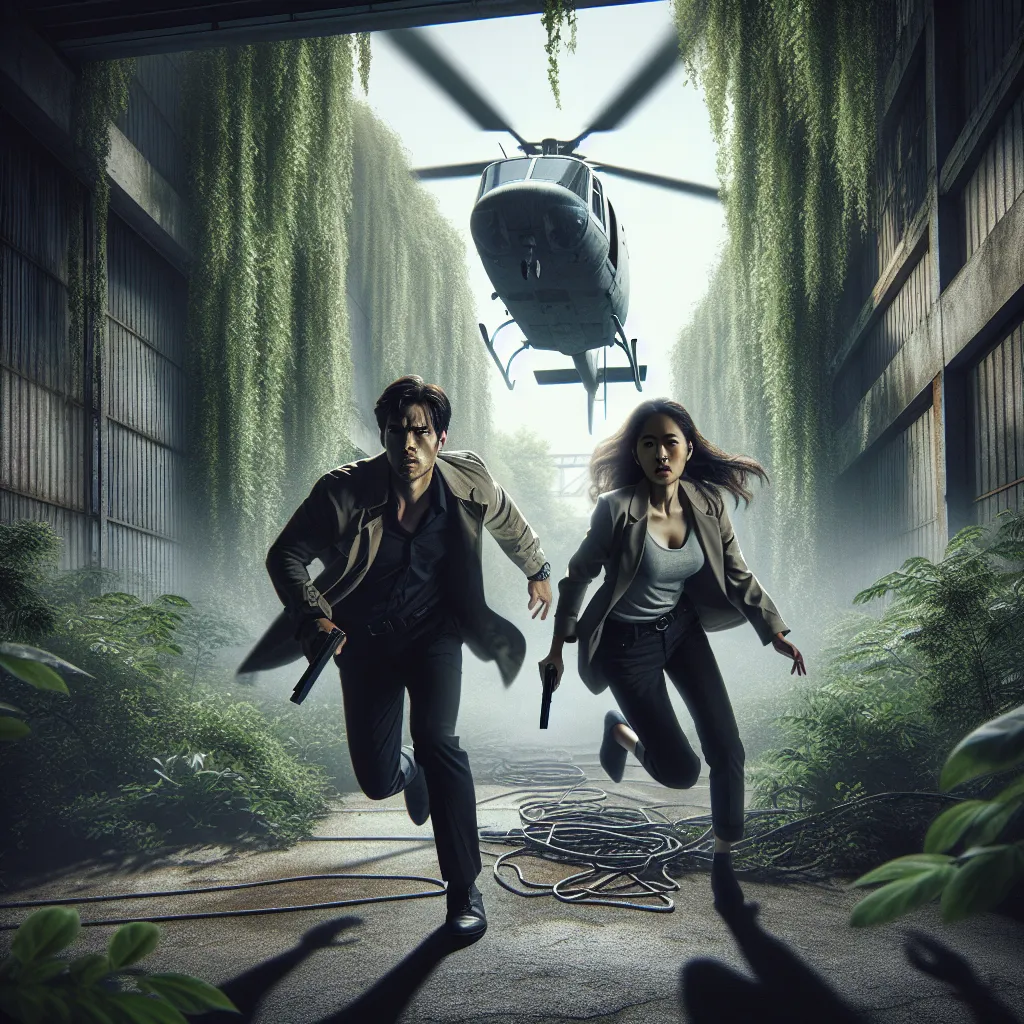 An intense moment of mystery and danger as Lee and Elle flee from a pursuing clone through a dark, overgrown path behind a factory, culminating in a daring helicopter escape.