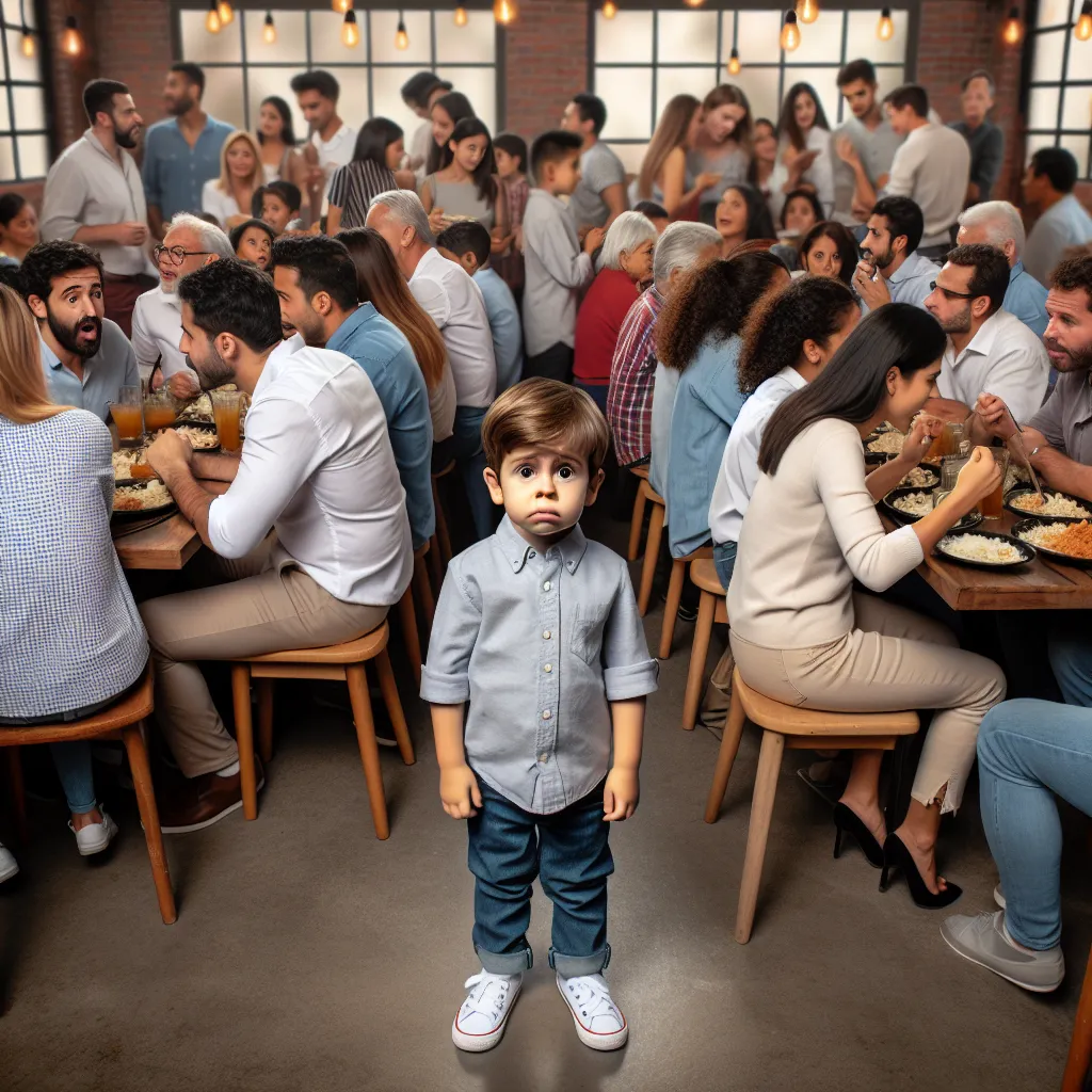 An image of a confused little boy named Parker suddenly finding himself in the body of a woman named Rosalinda. He is surrounded by a group of Hispanic men and women in a crowded restaurant.