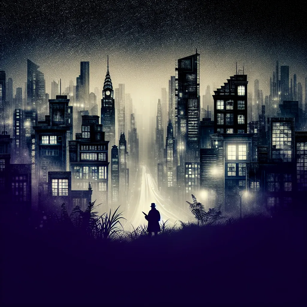 A mysterious figure stands at dusk on a shadowy city street, embodying the suspense and intrigue of "Whispers of Grayfield: The Missing Sister," a tale of urban legends, secrets, and the search for truth in a city of eerie stories.