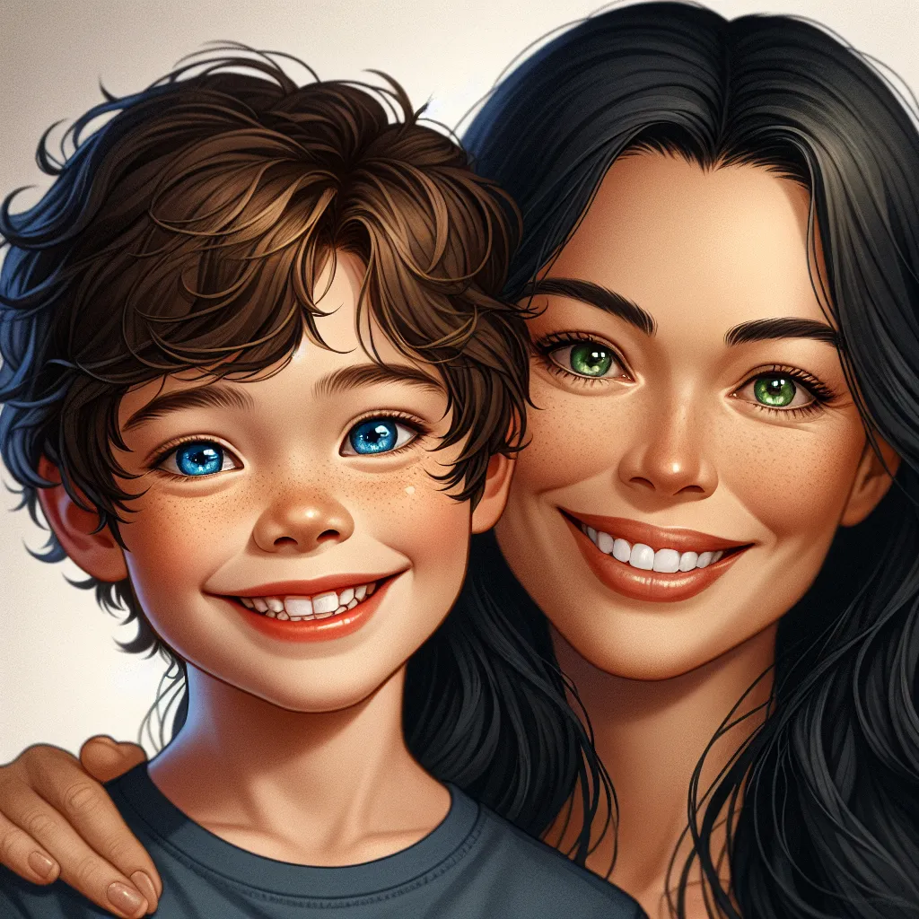 An image of a young boy, Timmy, and his mother, Susan, captured in a moment of love and connection. Timmy, with short curly brown hair, stands beside Susan, who has long, straight black hair. They have bright blue and green eyes, respectively. They both wear warm smiles and radiate a sense of joy. The image conveys the strong bond between Timmy and Susan, a love that transcends age and gender.