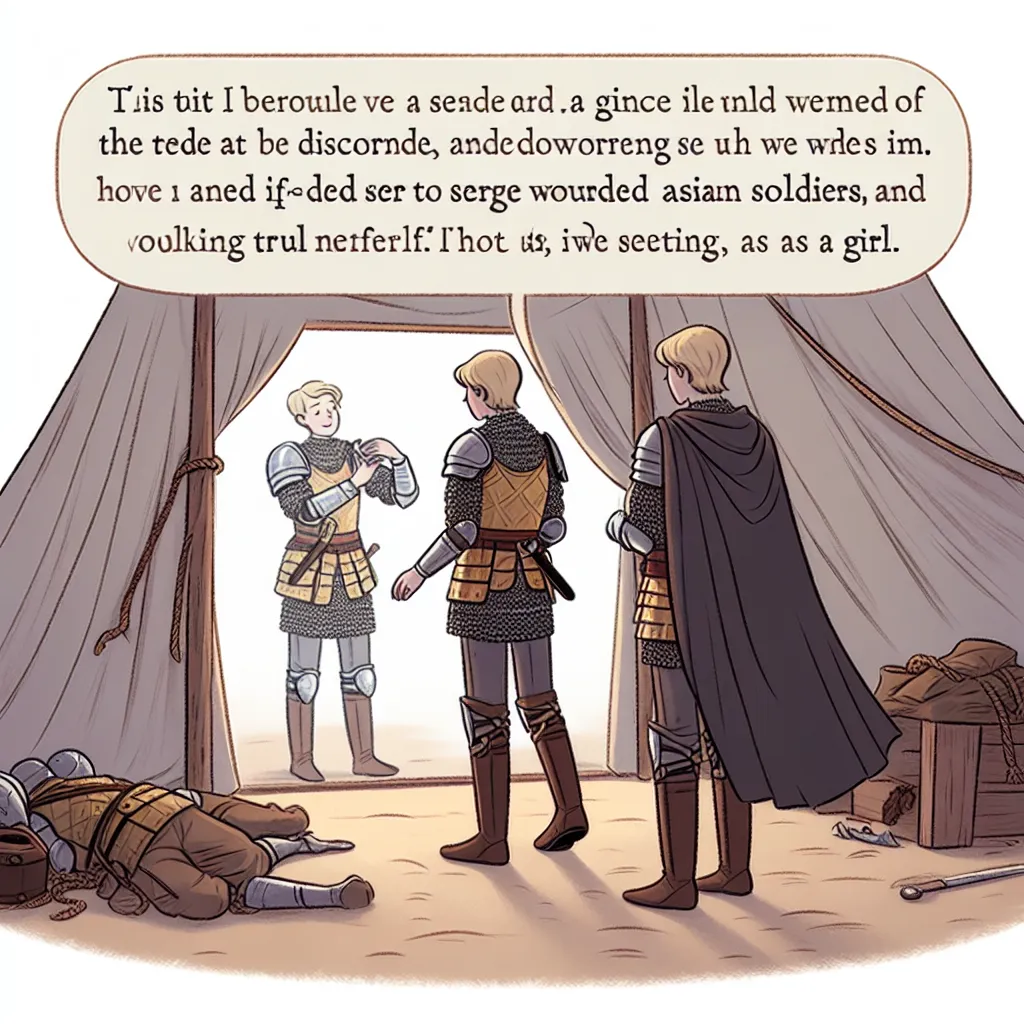 A person, dressed in feminine attire, stands in a tent gazing at their reflection wearing armor and a cloak. They imagine being discovered by another person, who eventually enters the tent and acknowledges their true self. The person in feminine attire, named Alm, expresses their understanding of their role and accepts being seen as a girl. They are directed to serve wounded soldiers, with the recognition that this is a fitting role for them. Alm feels fulfilled and content, embracing their iden