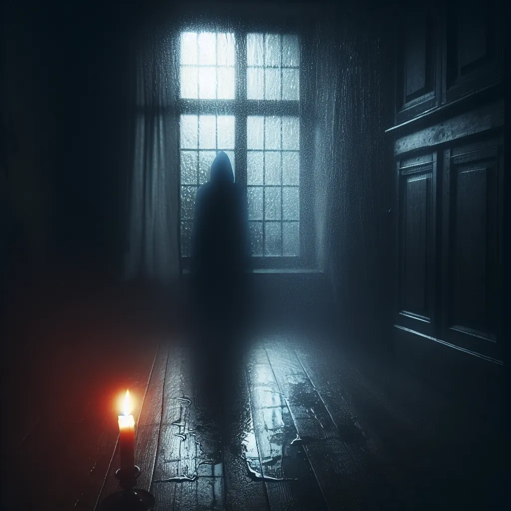 Description: A shadowy figure stands in the center of a dimly lit room, illuminated only by the flickering glow of candlelight. Outside, rain pelts against the windows, casting distorted shadows on the walls. The room is filled with an eerie atmosphere, hinting at the horrors that are about to unfold.