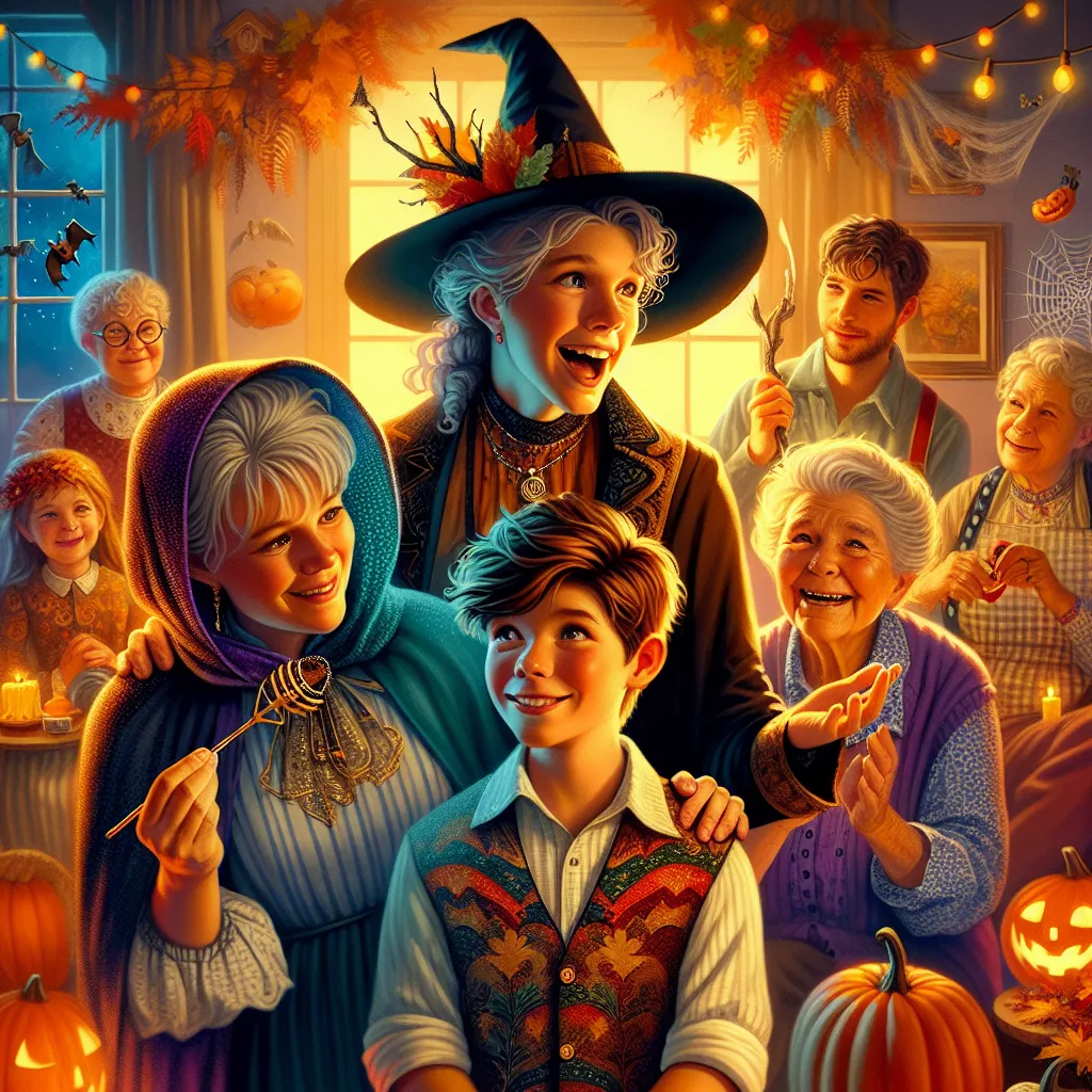 A heartwarming tale of a young boy named Oliver who, on Halloween night, unexpectedly swaps bodies with his mother, Madison. The image depicts Oliver, now in Madison's adult body, struggling to adapt to his new reality, surrounded by the warmth and love of his grandmother, Frances. The Halloween costumes and the cozy, festive atmosphere of their home are key elements in the image.