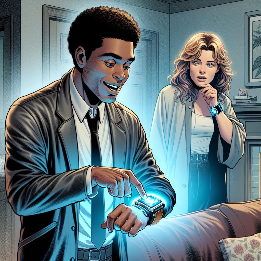 As the story "Shifting Shadows" unfolds, an image could capture the moment when Dr. Max Eldridge puts a wrist-worn device, known as the Personality Manipulator, onto his girlfriend Lisa's wrist. Both characters stand in a living room, with Max holding the device up for Lisa to see. The image could highlight their contrasting reactions, showcasing Max's excitement and eagerness while Lisa looks intrigued yet cautious. The device's glowing screen could be emphasized to convey its significance in t