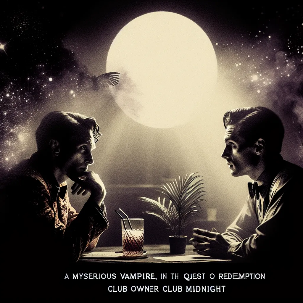 A mysterious vampire named Lucian seeks redemption at Club Midnight, owned by the enigmatic Sabina Laurent. This image depicts the tense yet poignant exchange between them, as they share a moment of understanding and connection over drinks in a dimly lit office.