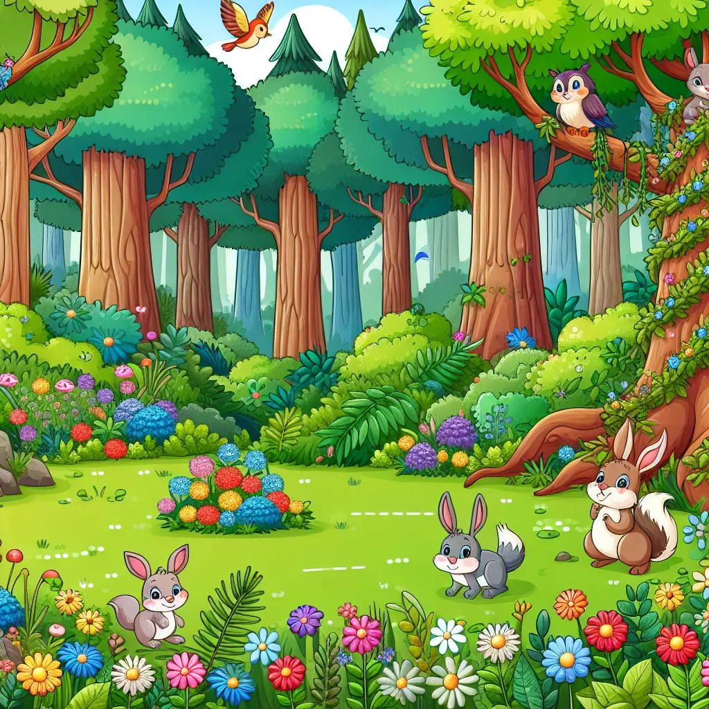 A whimsical illustration of a vibrant forest with towering trees, colorful flowers, and friendly animals.