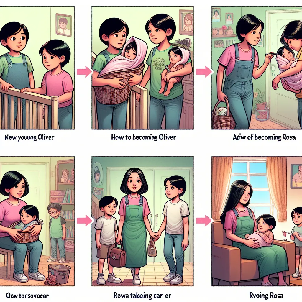 A transformation unfolds as young Oliver becomes Rosa, a nurturing and loving caregiver to Carlos and Joaquin, navigating life with grace and resilience. Images include Oliver's gradual change into Rosa, her interactions with family, and the warmth of their shared moments, captured in familial settings. The focus is on Rosa embracing her new identity and shaping a legacy of love and connection.