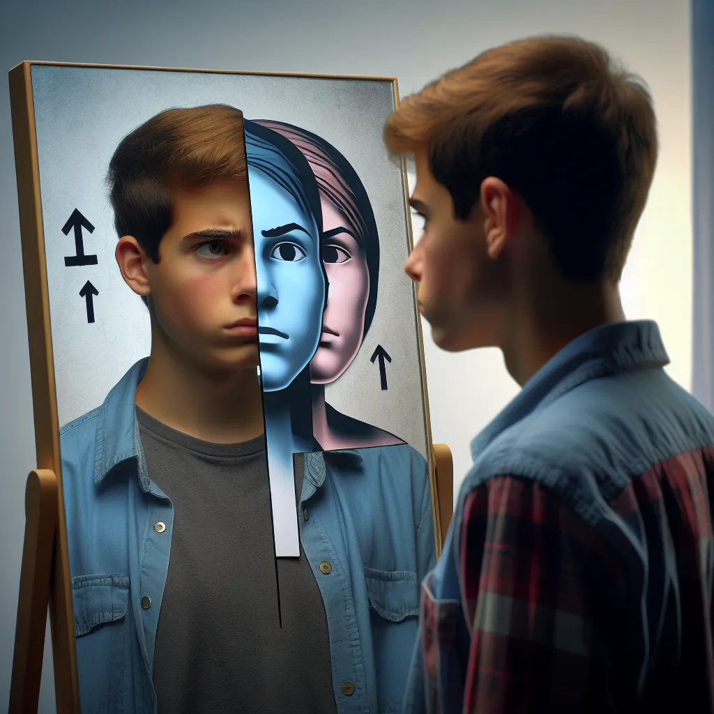 An image of a young person standing in front of a mirror, looking both confused and determined, while two different reflections show their appearance as a boy and a girl.