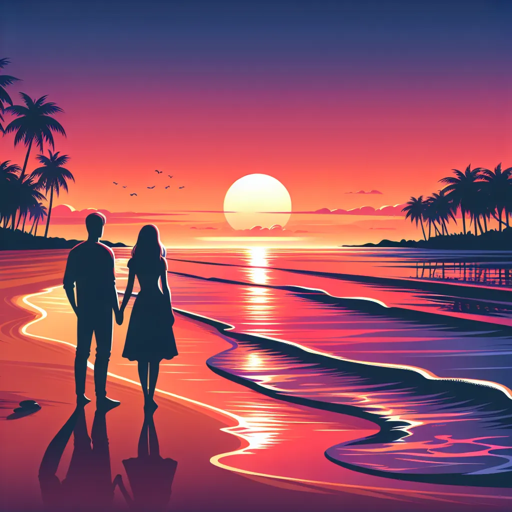 Description: A serene beach at sunset, with vibrant orange and pink hues reflecting in calm waves. Silhouettes of palm trees line the shore, where a couple stands hand-in-hand, gazing out at the ocean. An atmosphere of relaxation and romance permeates the scene.
