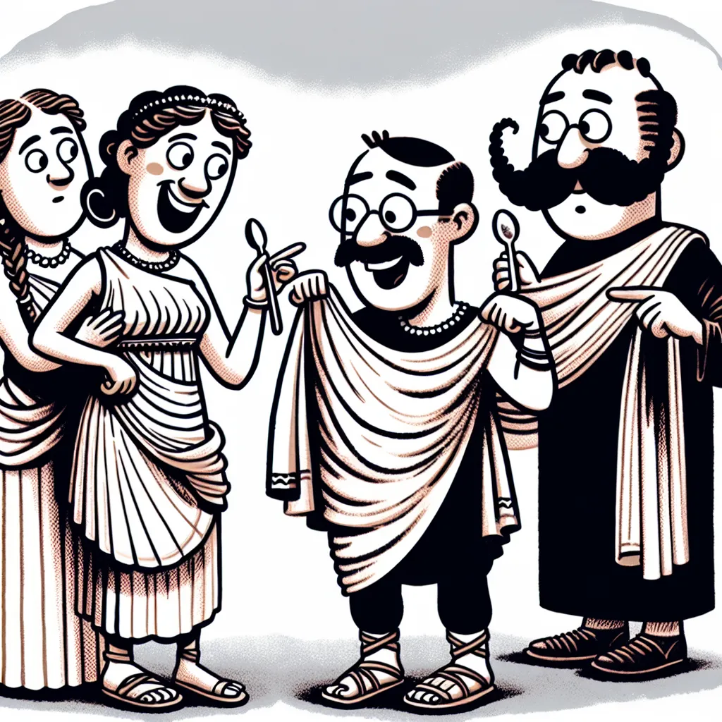 A humorous image of two men in makeshift togas, one wearing a woman's body and the other wearing a mustached man's body, with their bewildered wives nearby. The men are clumsily adjusting to their swapped bodies, causing comedic confusion and unexpected encounters.