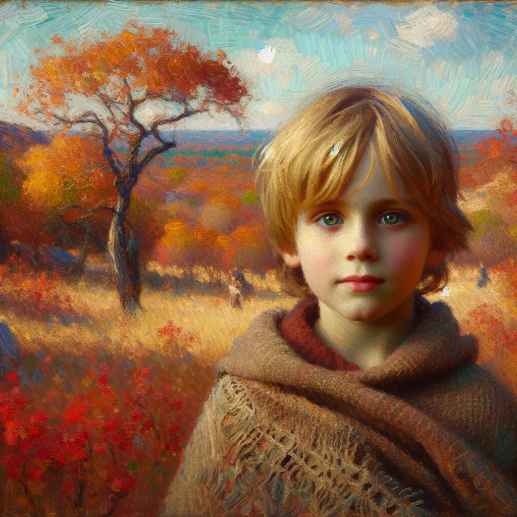 Texas, 7 years old, November, blonde, green in the style of Monet