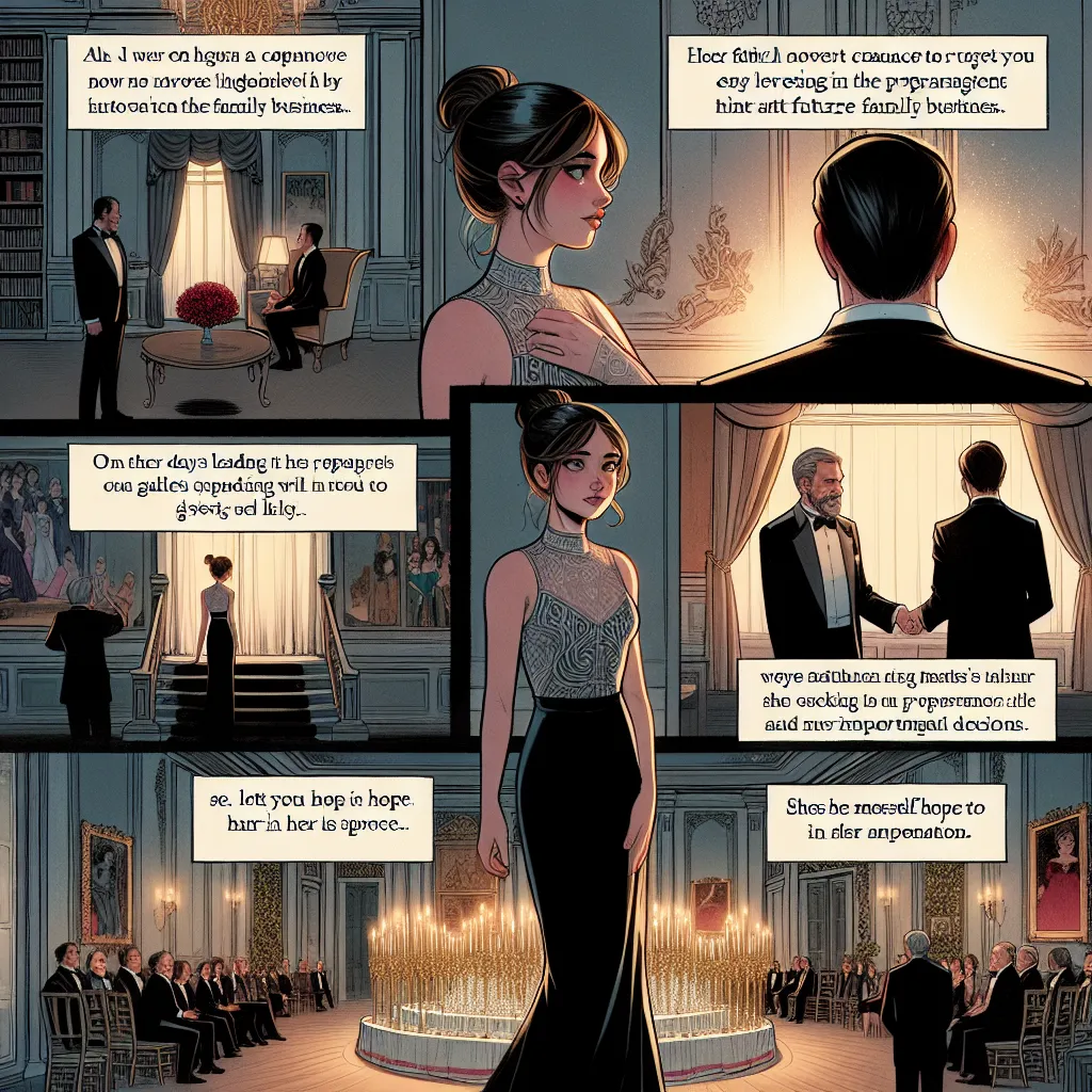 A young woman, Isabel, stands in a grand foyer, preparing to confront her cold and distant father, Archer Brooks, in his study. She proposes to be more involved in the family business and suggests helping with the planning of the upcoming charity gala. Archer is initially surprised but eventually agrees, giving her a chance to prove herself. In the days leading up to the gala, Isabel throws herself into the preparations, and Archer includes her in more meetings and decisions. On the night of the