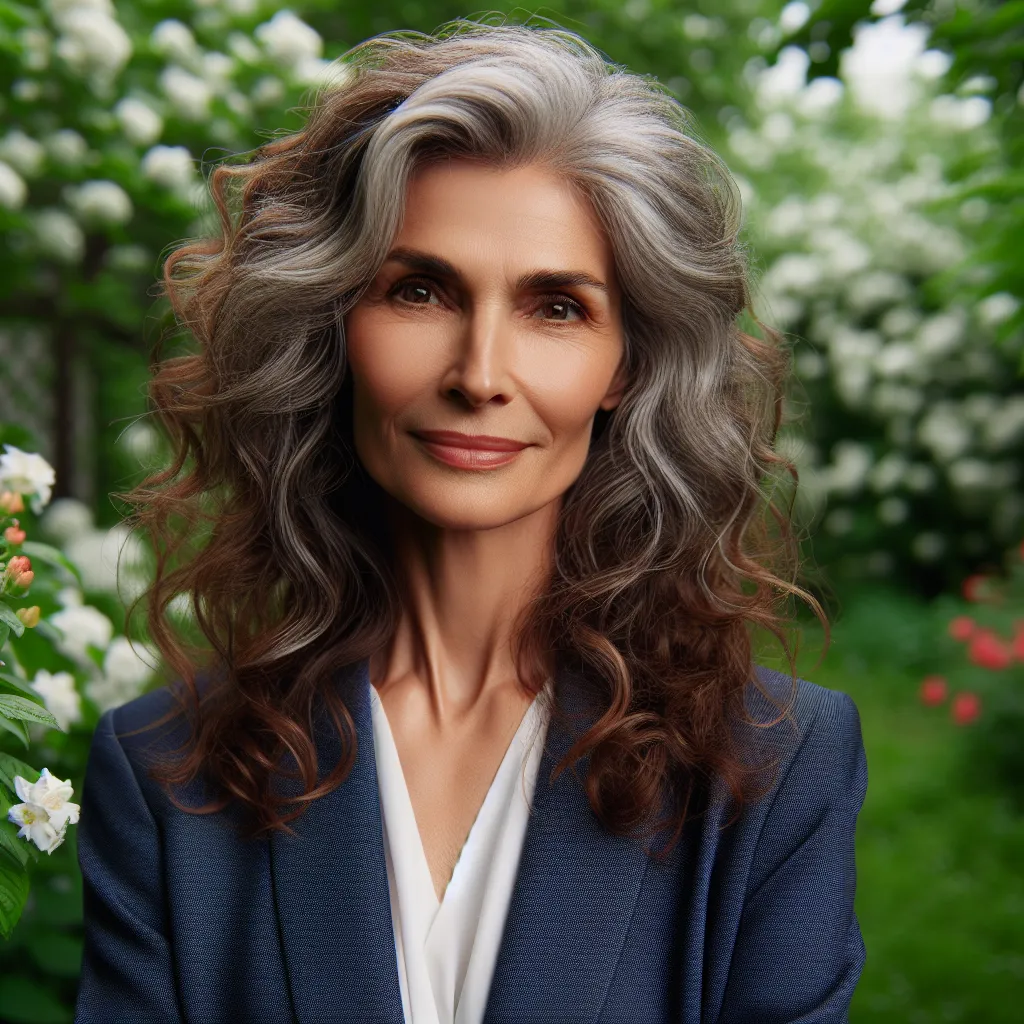 An image of a middle-aged woman with long, curly gray hair and wearing a navy blue blazer and white blouse, standing in a garden with flowers, looking content and at peace.