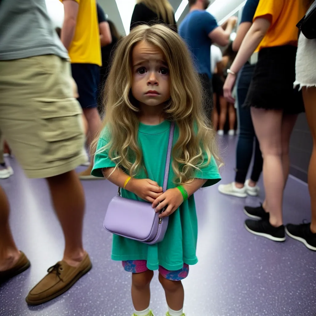 An image to accompany this story: A young child, standing alone in a crowded restroom, wearing a mismatched outfit of a crop top and a short skirt, with long, wavy blonde hair cascading down their shoulders. They have a confused and worried expression on their face, clutching a small lavender purse tightly in their hands.