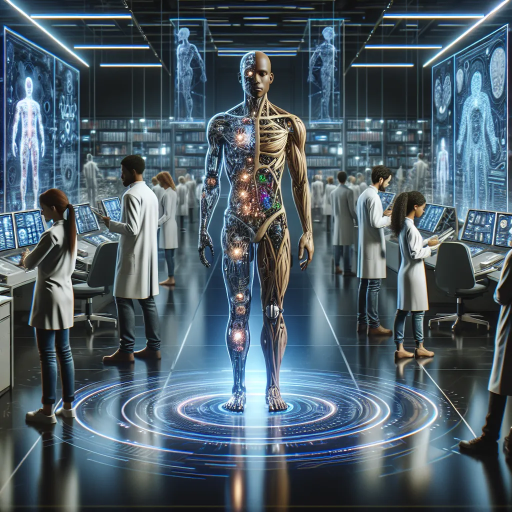 An image of a futuristic laboratory with advanced biotech equipment and holographic displays. In the center of the lab stands a headless body, implanted with wires and circuits. Medical professionals and scientists surround the body, observing its movements as it takes its first steps with the help of a neural interface. The atmosphere is filled with anticipation and excitement as they witness the convergence of technology and human potential.