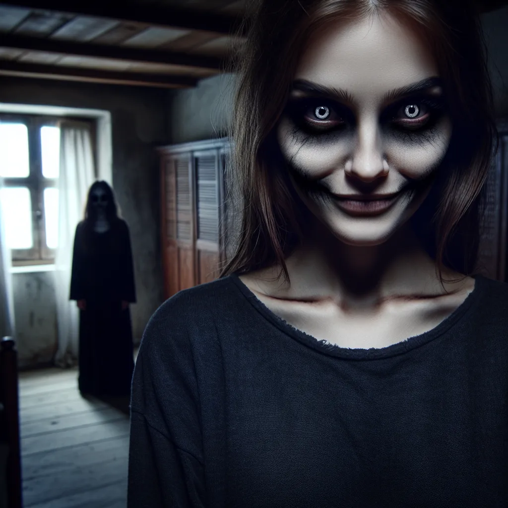 A haunting image of a woman, Rebecca, with eerie gray eyes and a dark smile, standing alone in a dimly lit room.