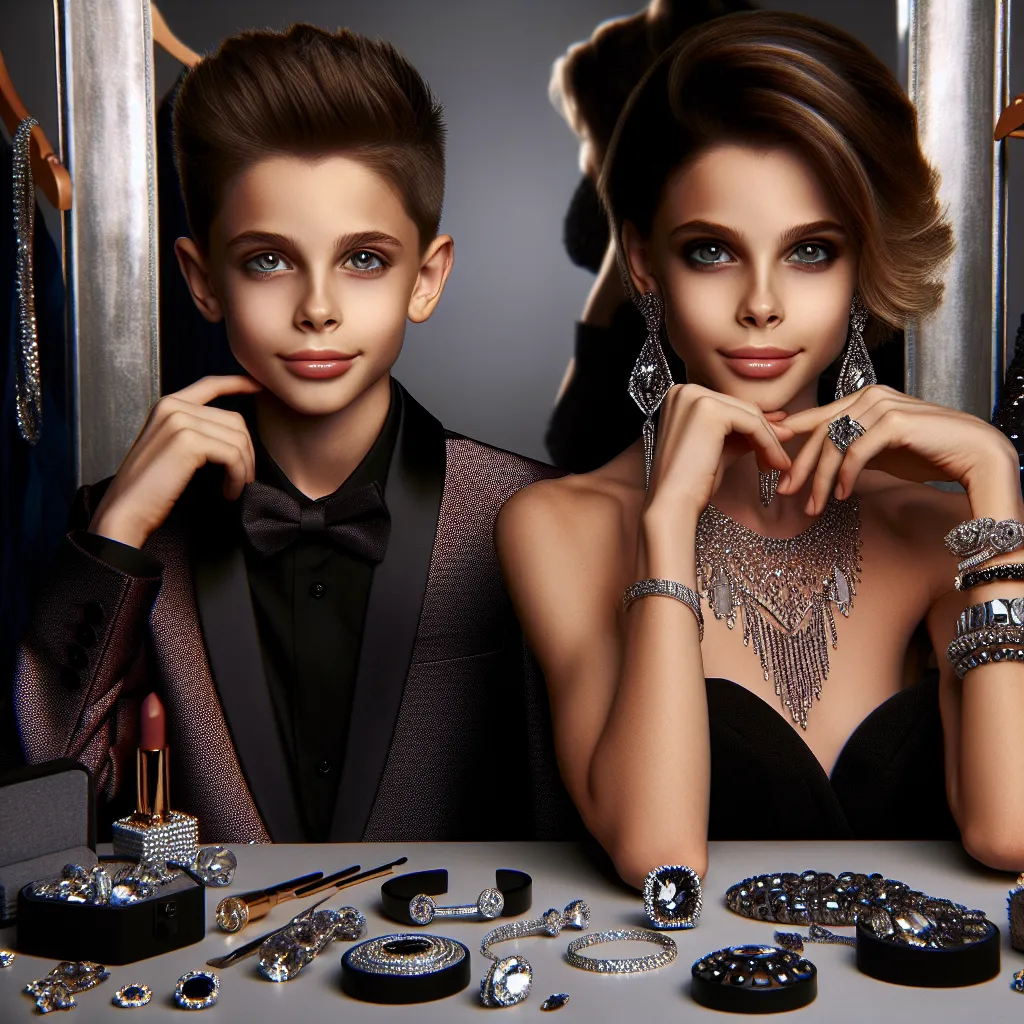 A striking image of a young boy transforming into a fashionable and confident woman named Aunt Letitia, exuding charm and style as she gets ready for a night out, surrounded by bold jewelry and shimmering accessories that reflect her vibrant personality.