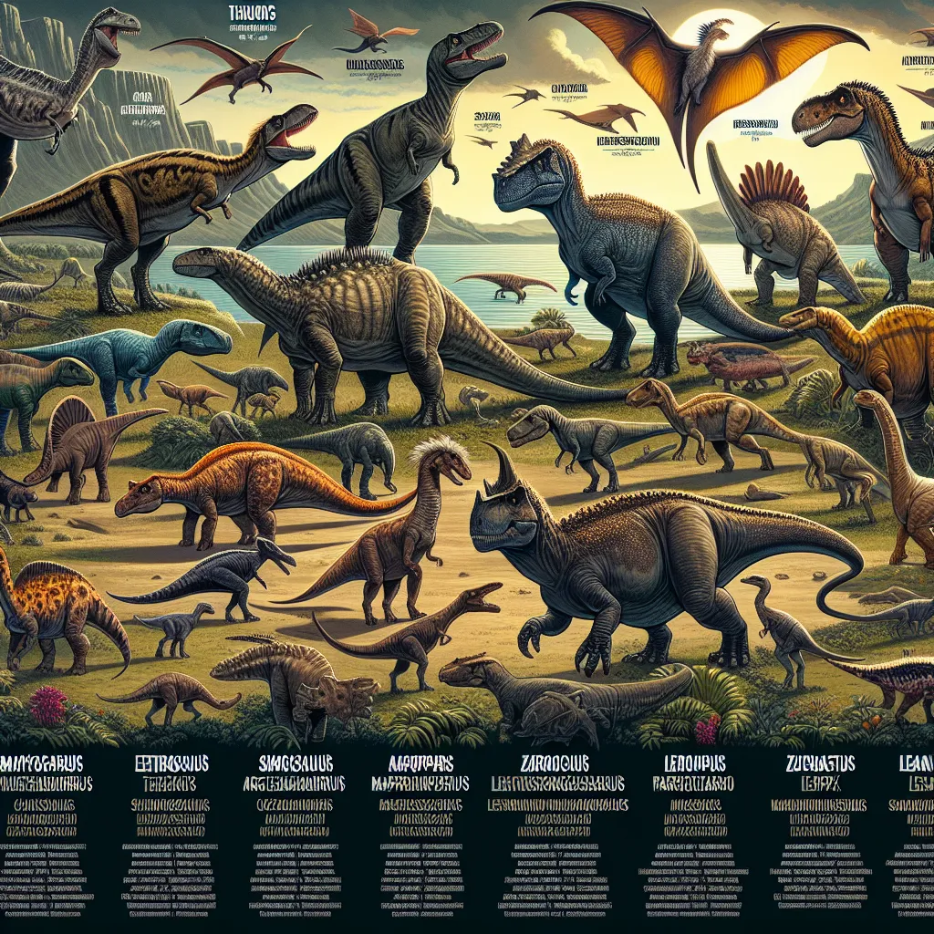 An image depicting various dinosaurs from different DLC packs in Jurassic World Evolution 3. The image showcases a group of small but exceptional miniature dinosaurs, including the Magyarosaurus, Tethyshadros, Eoraptor, and Zuniceratops. It also features colossal giants like the Argentinosaurus, Mapusaurus, Shantungosaurus, and Hatzegopteryx. In addition, the image includes prehistoric creatures from the Paleozoic era such as the Edaphosaurus, Arthropleura, Cameroceras, and Inostrancevia. Furthe