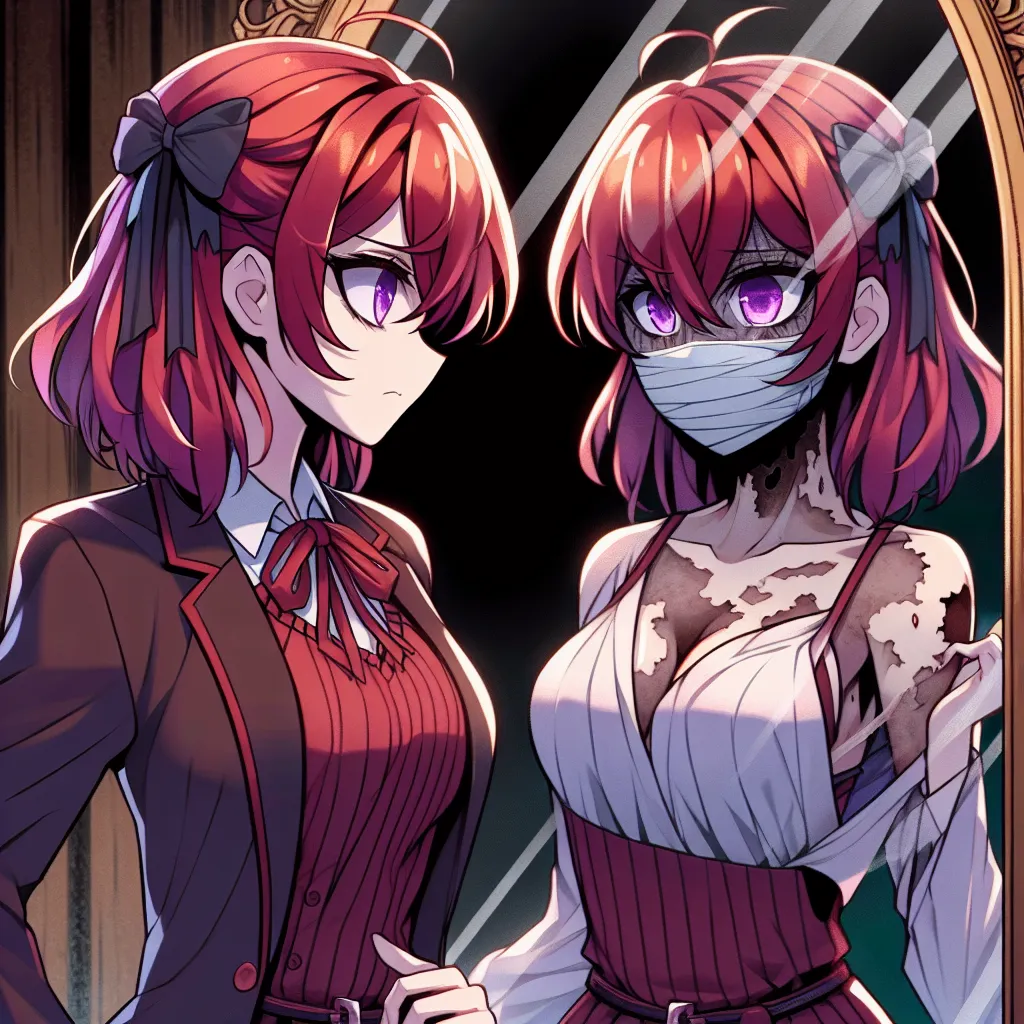 In the image, Naruko Uzumaki stands before a mirror, her fiery-red hair cascading down her back. Her violet eyes reflect both determination and a hint of unease, as she gazes at her transformed reflection. The image captures the unsettling metamorphosis that Naruko has undergone, with her masculine features replaced by feminine ones, symbolizing her struggle to come to terms with her new identity. The background is dark, enhancing the eerie atmosphere of the horror story.