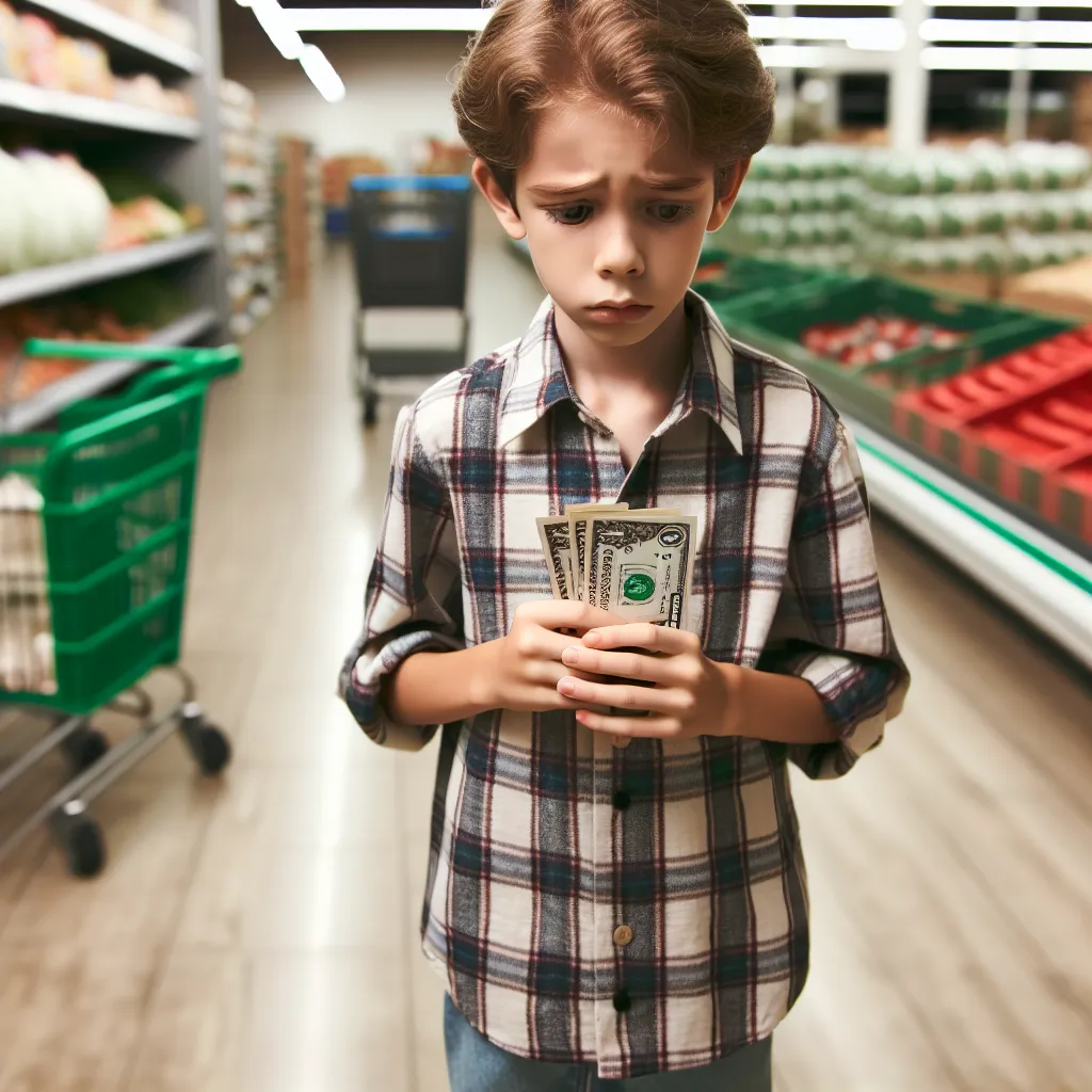 An image depicting a young boy named Tommy standing alone in a grocery store, holding a few dollar bills, and looking slightly nervous.