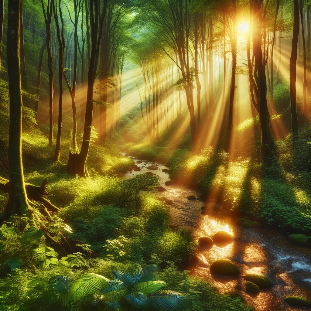 No problem! Let's try another approach: "An enchanting forest bathed in soft, golden sunlight, with rays shimmering through the dense canopy of trees. A gentle stream meanders through the lush green foliage, creating a serene and picturesque landscape."