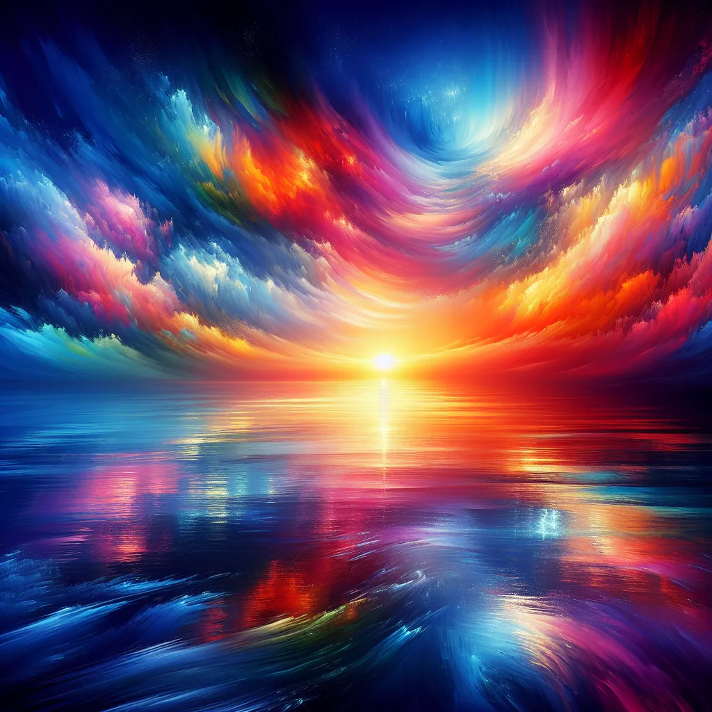 A majestic sunset over a serene ocean, with vibrant colors reflecting off the water and illuminating the horizon.